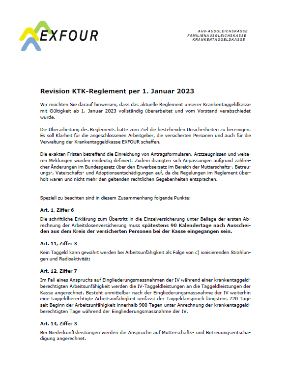 Revision KTK-Reglement per 1. Januar 2023